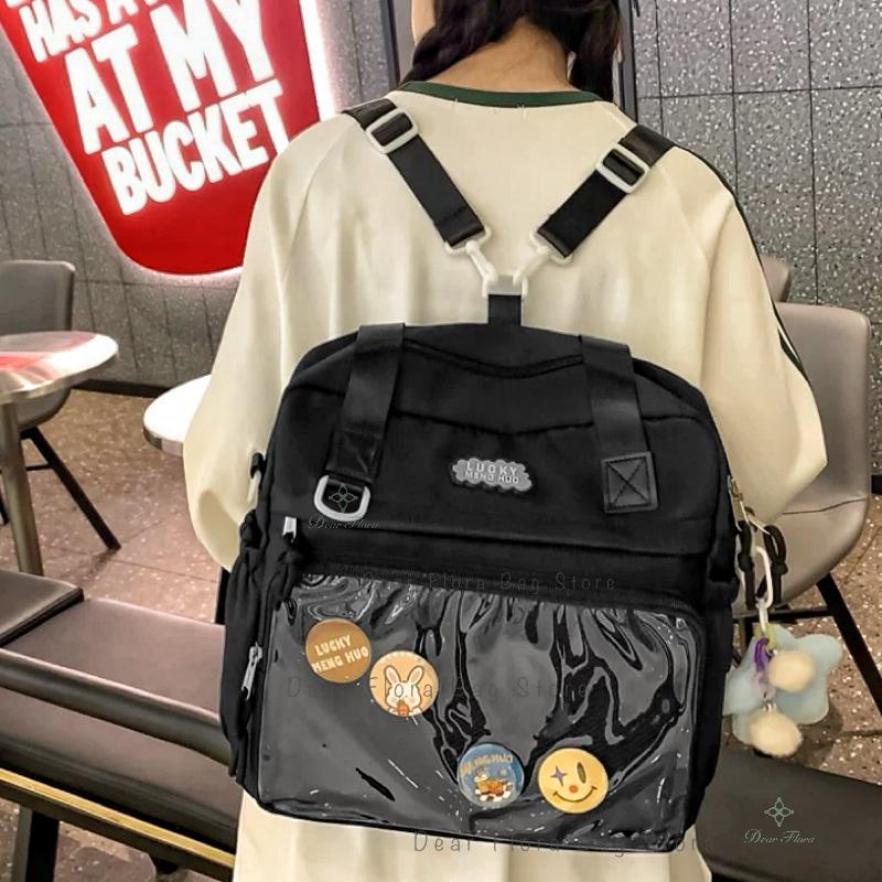 Y2K Women Ita Backpacks Fashion DIY Badge Knapsack Cute Girl Transparent Pocket Casual Nylon Large Capacity Shoulder Bag Handbag