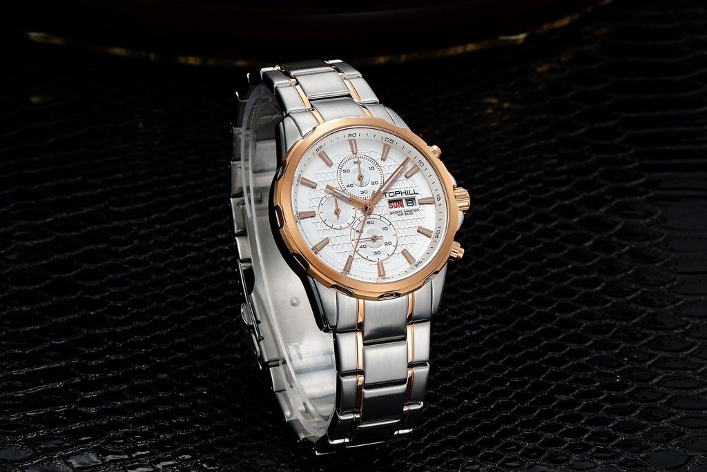 TOPHILL Watch Business Quartz Arm Watch Chronograph 316L Stainless Steel Band Easy To See Luminous 50M Water Resistant Present Arm Watch for Men Rose