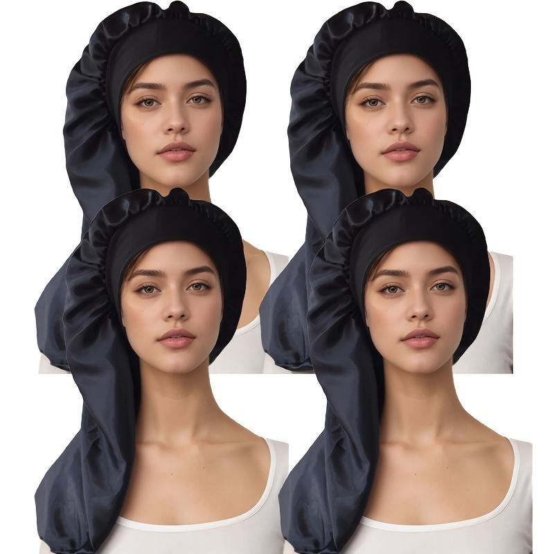 Women s Long Satin Nightcap 4-Pack Elastic Wide Brim Beanie Lightweight Polyester Knit Hair Guard Long Barrel Hair чёрный