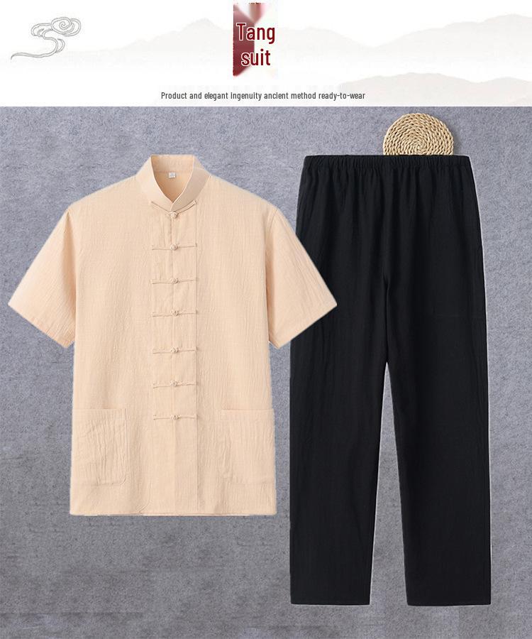 Tang-Anzug aus Baumwolle und Leinen für Herren: Kurzärmlig, Froschverschluss, Chinesischer Stil, Perfekt für Sommer und ältere Männer.