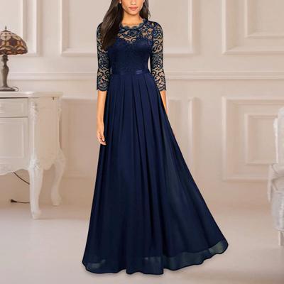 Bridesmaid Dress for Women Lace Patchwork Formal Gowns Crew Neck Chiffon Long Dress Wedding Guest Dress