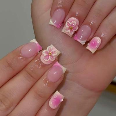 Fyrkantig Press-On-Nagel Blomma Falsk Nagel Limmas På Nageln Konstgjord AkrylNagel 24st Stick-On-Nagel för Kvinnor och Flickor