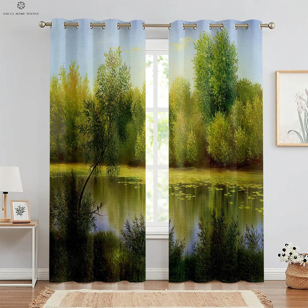 Landscape Oil Painting Decorative Curtain, 3D Printing Curtain, Studio Dormitory Bedroom Living Room, Easy To Wash and Maintain