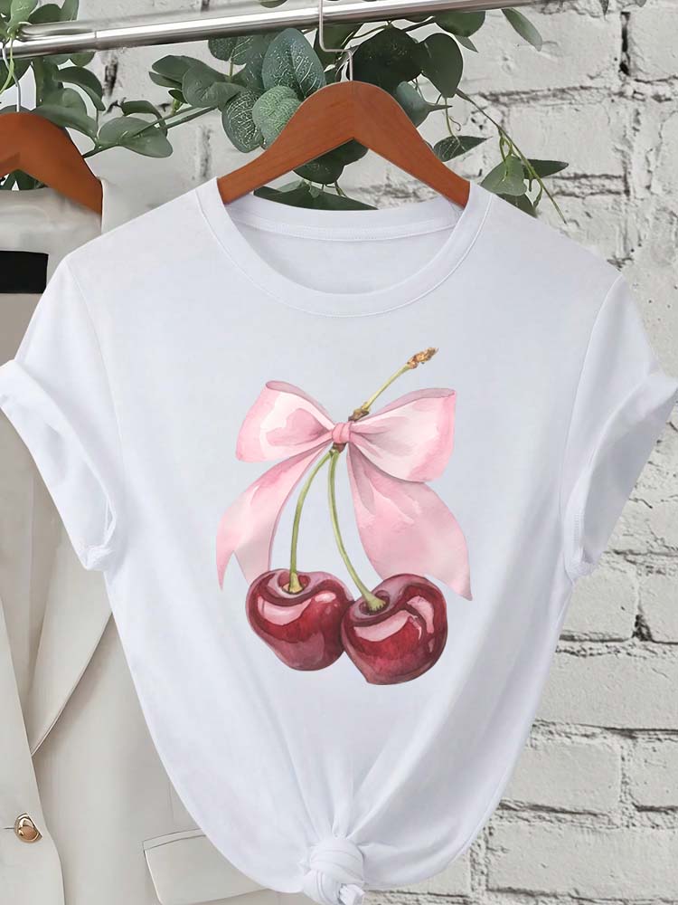 Fashion Lovely Cherry Print TShirt Short Sleeve CrewNeck Casual Commuter Tops for Summer Spring Womens Clothing Otaku Tees