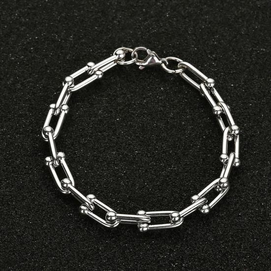 Men Bracelet Thick Hollow Chain with Lobster Clip Solid Color Polished Stainless