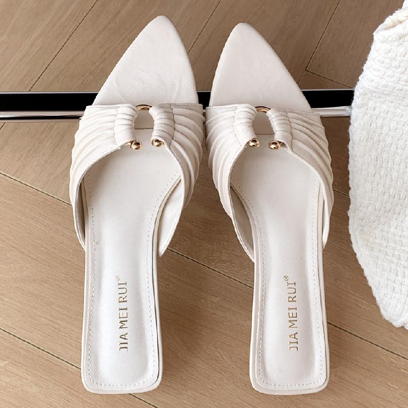 Fashion Pointed Toe Metal Decoration Pleated Women Sandals Summer Fashion Open Toe Thin Heel Slide Sandals Simple Comfort Designer Shoes