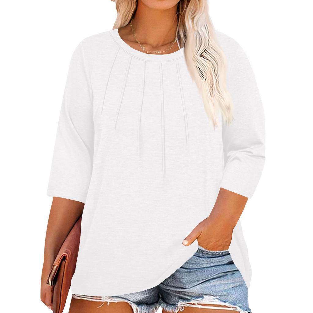 Women's Solid Color Round Neck Plus Size Tops 3/4 Sleeves Elegant Shirt Tops
