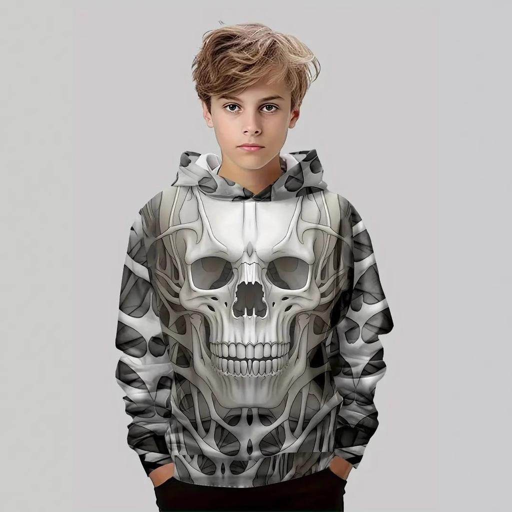 Autumn 3D Skull Printed Hoodies Fashionable Casual Sports Long Sleeved Children's Boy Hooded Sweatshirts