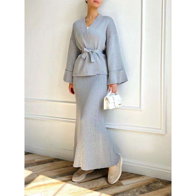 V-neck Lace-up Elegant High Waist Skirt 2 Pieces Knitting Suit Skirt 2-Piece Knitted Set
