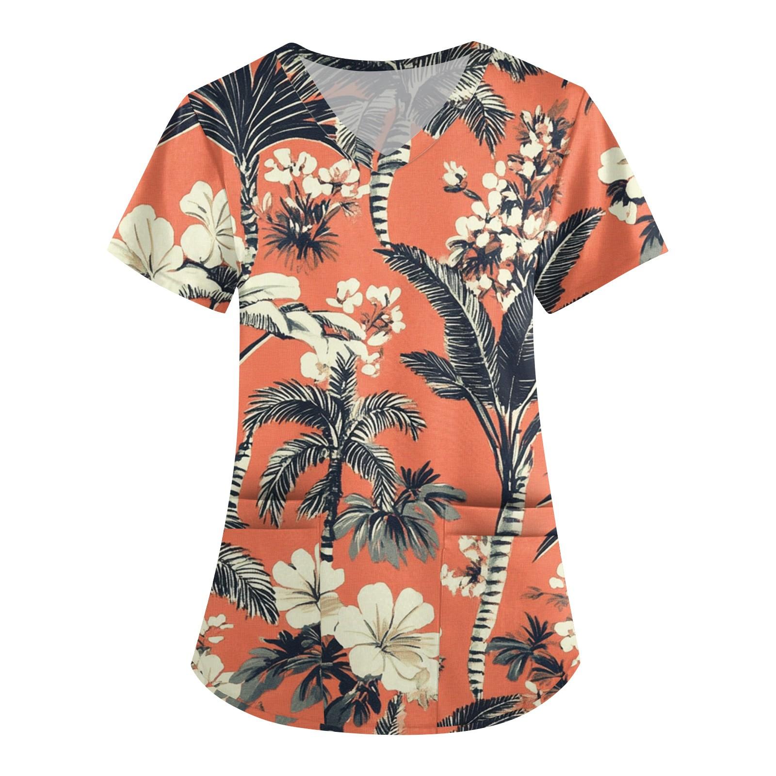 

Женская мода V-образный вырез с короткими рукавами рабочая одежда с карманом гавайский принт топ костюм для ухода XL арбуз красный