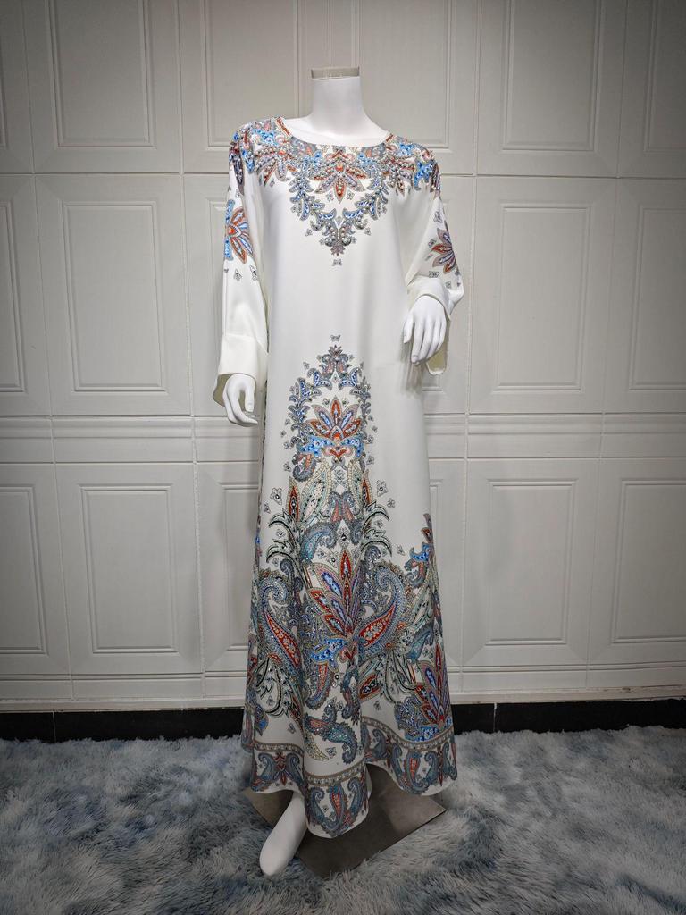 AB400 Muslim Fashion Floral Dress with Hot Drill Embellishments - Middle Eastern Style Robe for Women
