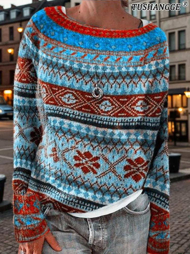 Модный свободный пуловер с круглым вырезом и цветовыми блоками S синий