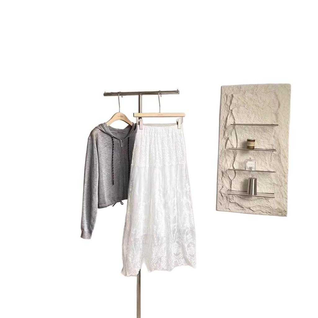 Elegant French Lace Embroidered A-Line Skirt for Women - High Waist, Wide Hem, Long, Layered Design for Autumn/Winter