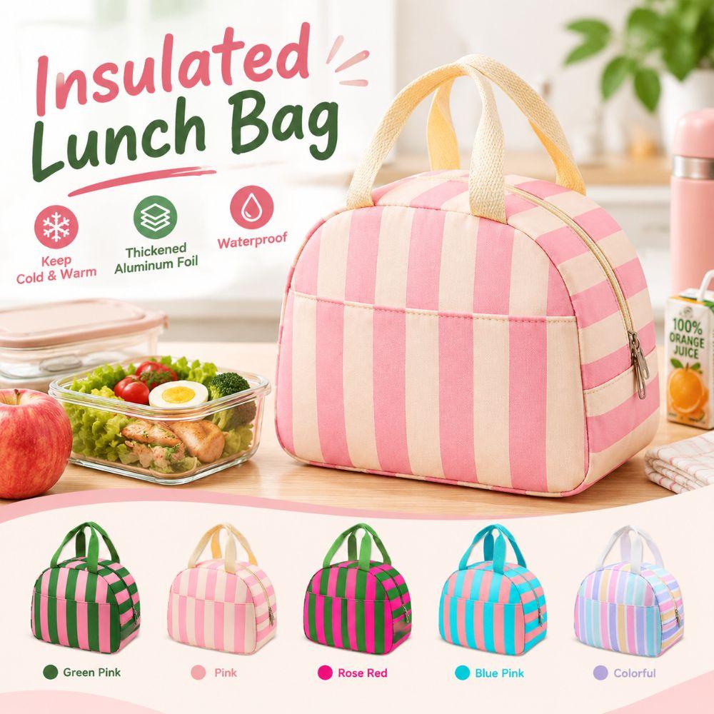 Practical Striped Pattern Insulated Lunch Bag Large Capacity Handheld Lunch Box Bag Fresh-Keeping Leakproof Mommy Bag