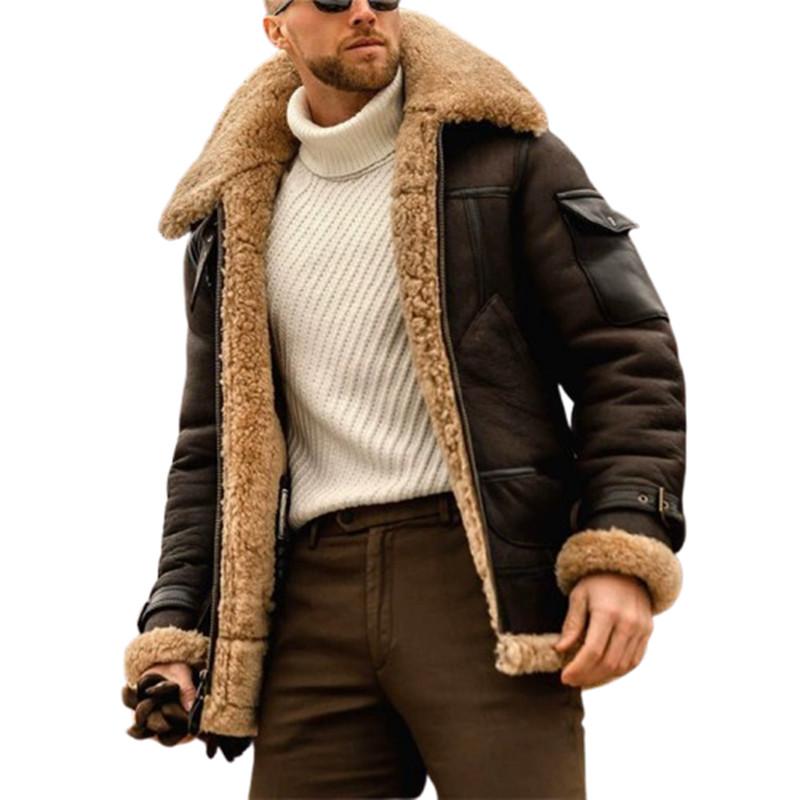 Winter Faux Leather Jackets Men Fleece Turn Down Collar Motorcycle Coat Solid Cargo Warm Thick Windproof Zipper Casual Outwear