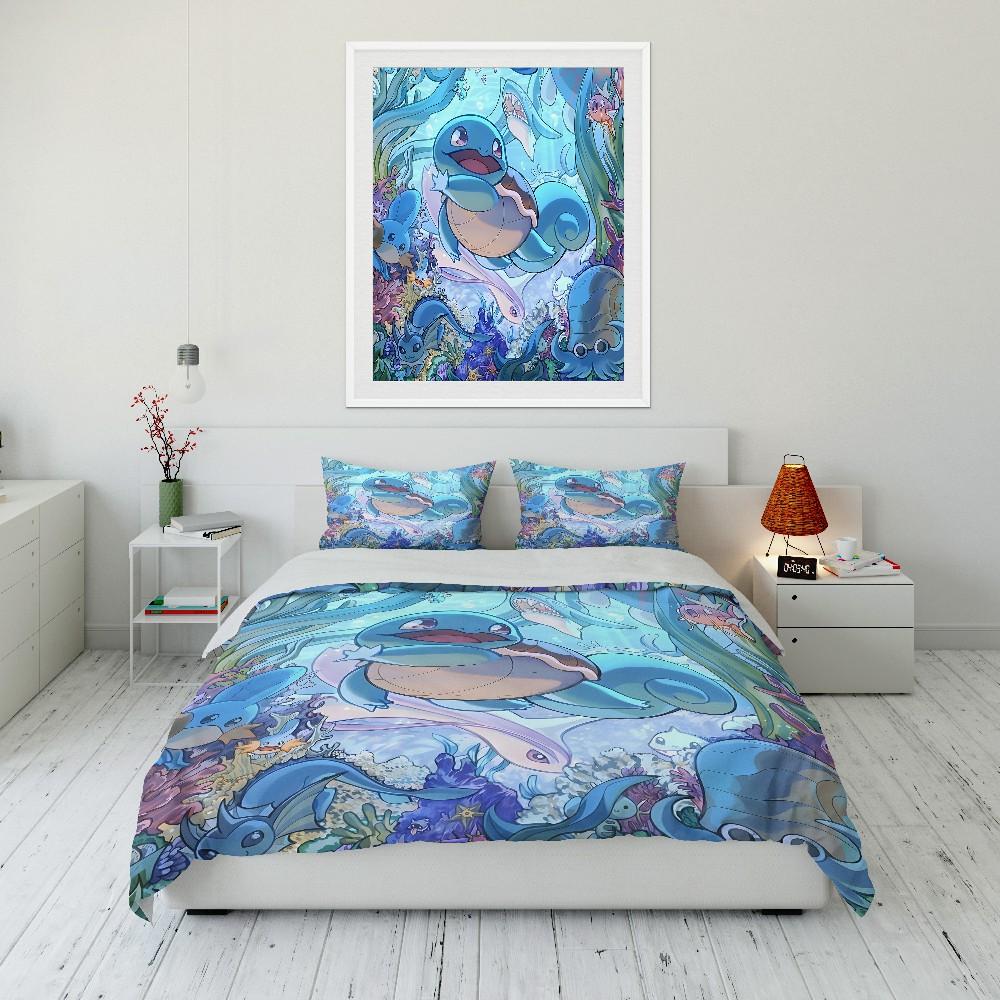 Gift for Anime Fans Pokemon Squirtle Printed Bedding Set 3PC Duvet Cover Adult Kids Gift Full Size Bedding Set Home Bed Decor