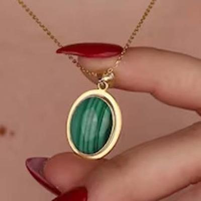 Malachite Oval Gemstone Necklace, Solid 925 Sterling Silver, Yellow Gold Necklace, Handmade Jewelry, Designer Necklace