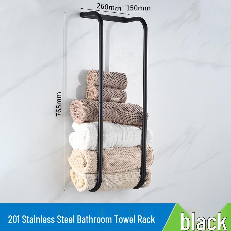 Black Stainless Steel Double Rod Wall-Mounted Bathroom Towel Rack with Punch-Free Shelf