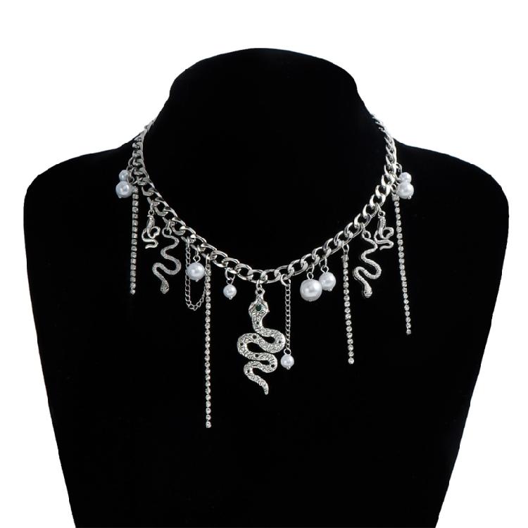 Sophisticated Snake Shape Pearls Pendant Necklace Tassels Necklace Suitable for Women Who Love Distinctive Style