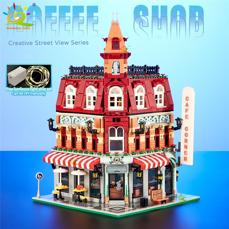 

Игрушки HUIQIBAO MOC City Corner Coffee Shop Архитектурный стиль Вид на улицу Микро-строительные блоки для детей Строительные кирпичи