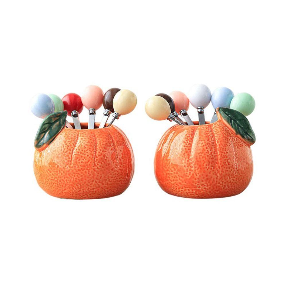 Orange Ceramic Fruit Forks Set Ins Style Solid Color Dessert Forks with Storage Jar Household Decorative