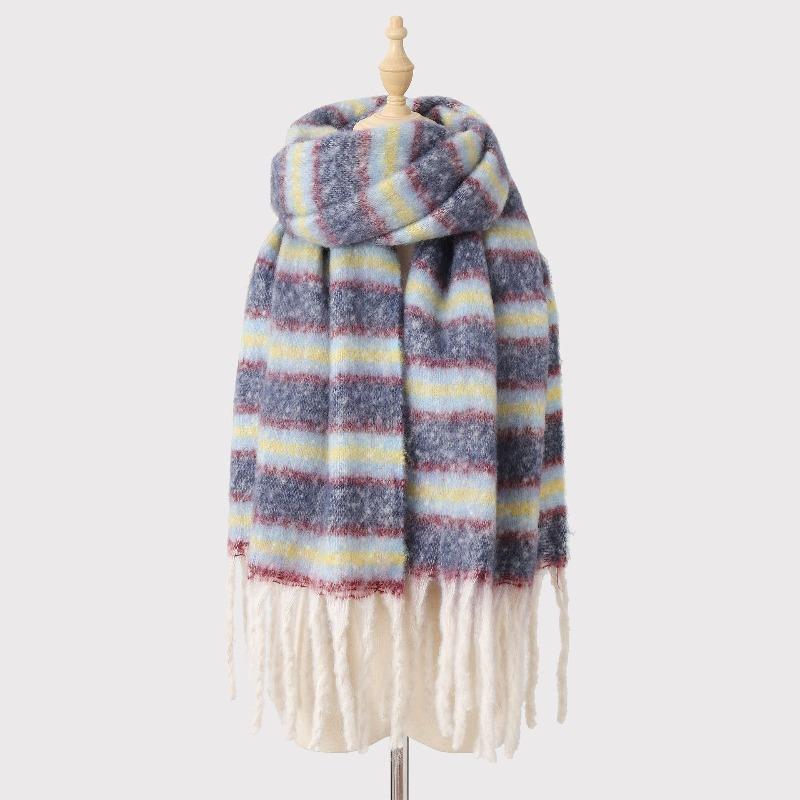 Mohair Winter Striped Scarf Women's Warm Color Matching Imitation Cashmere Advanced Sense Thickened Scarf Versatile Fashion Shawl