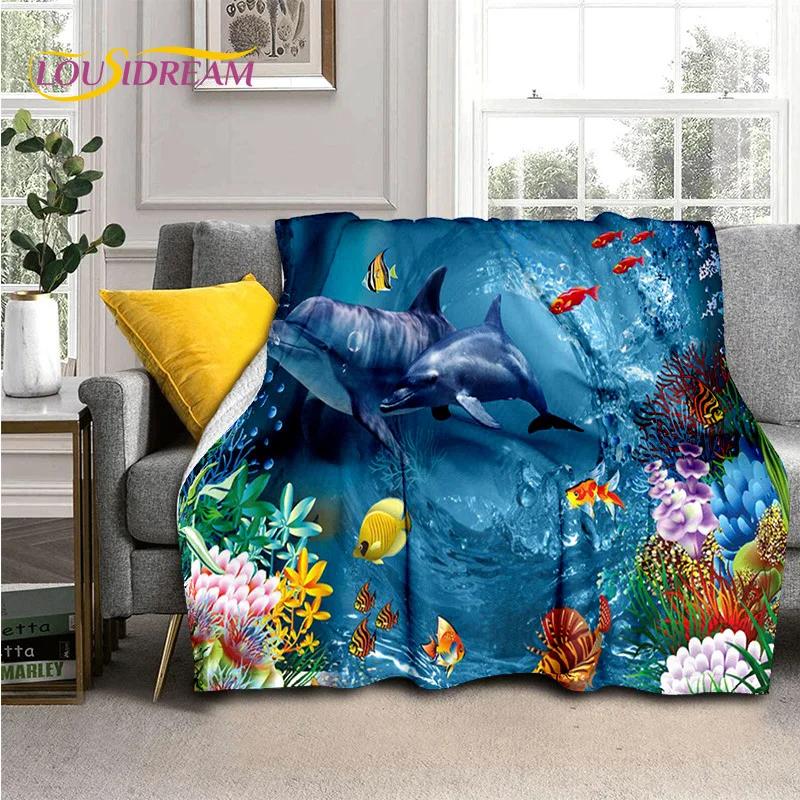 Underwater World 3D Illusion Seabed Cartoon Shark Dolphin Blanket,Soft Throw Blanket for Home Bedroom Bed Sofa Travel Cover Kids