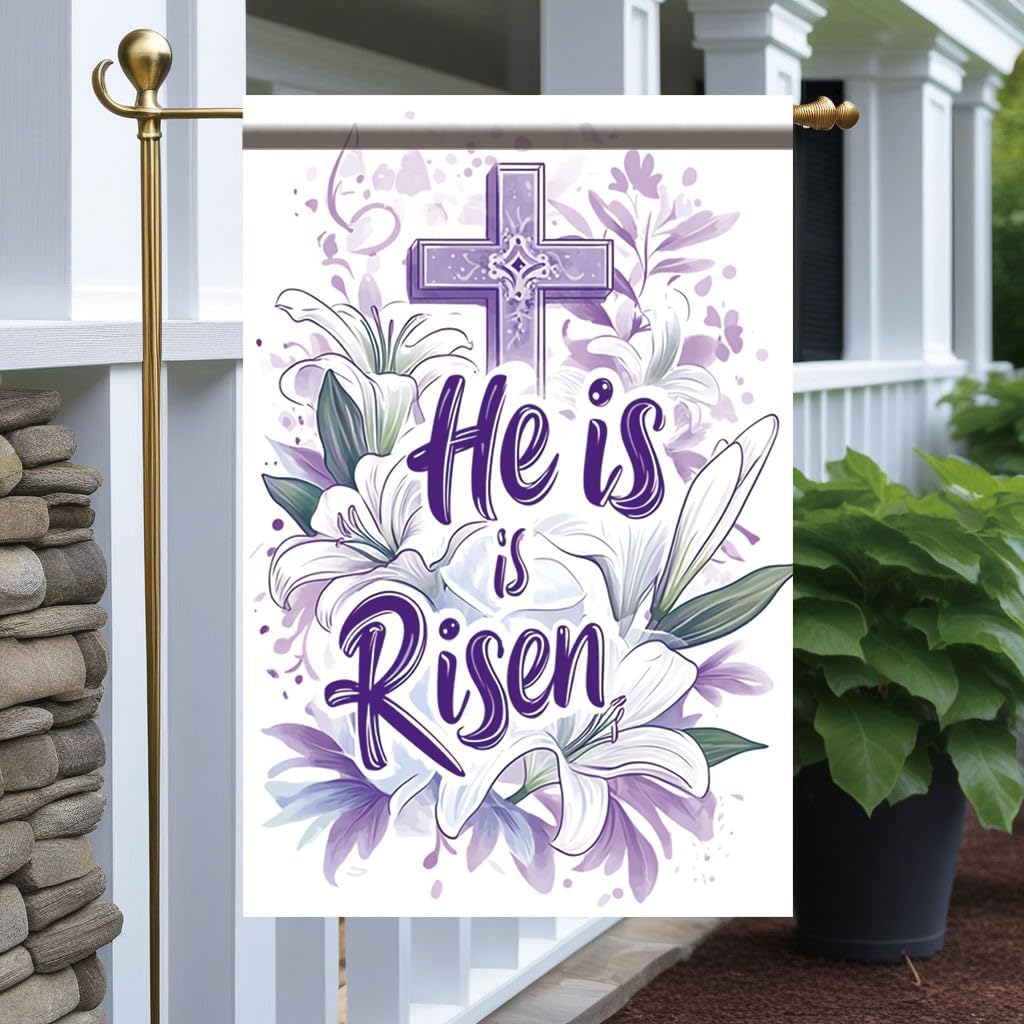 He Is Risen Garden Ag 12x18 Inch Double Sided Outdoor Yard Banner Easter Cross Lily Oral Christian Religious Decor for S