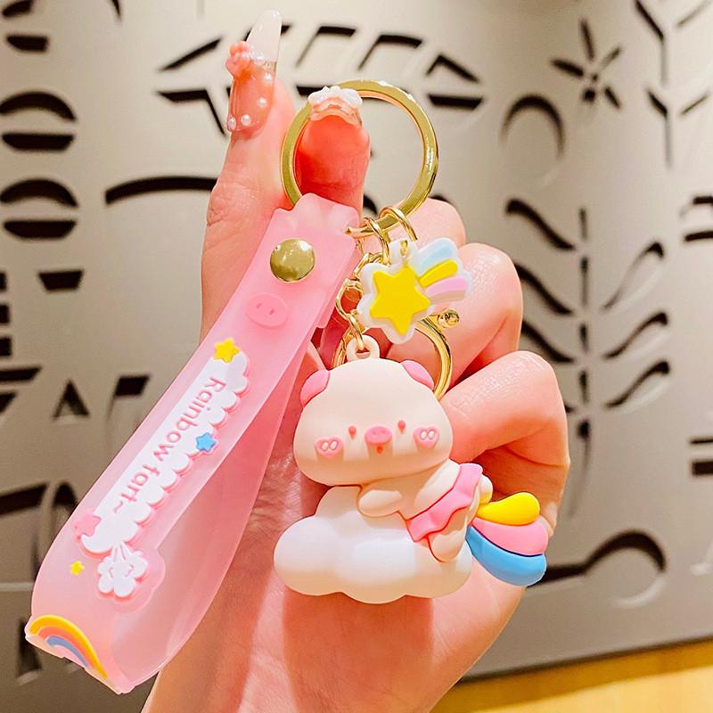 

Pig Adorable Keychain Pvc Cute Pig Key Ring For Car Keys And Gift Bags RainbowWhite