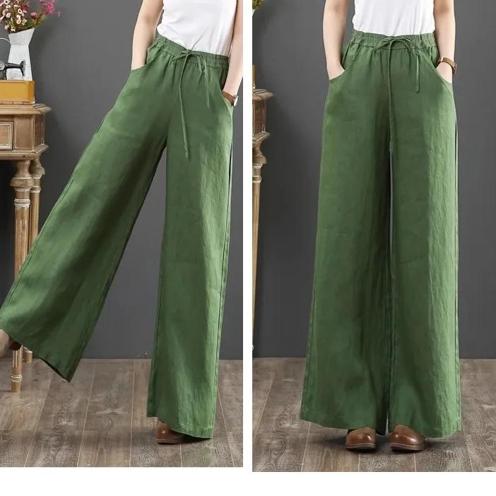 Pantalon ample en coton et lin pour femme, taille haute, coupe droite, printemps et été