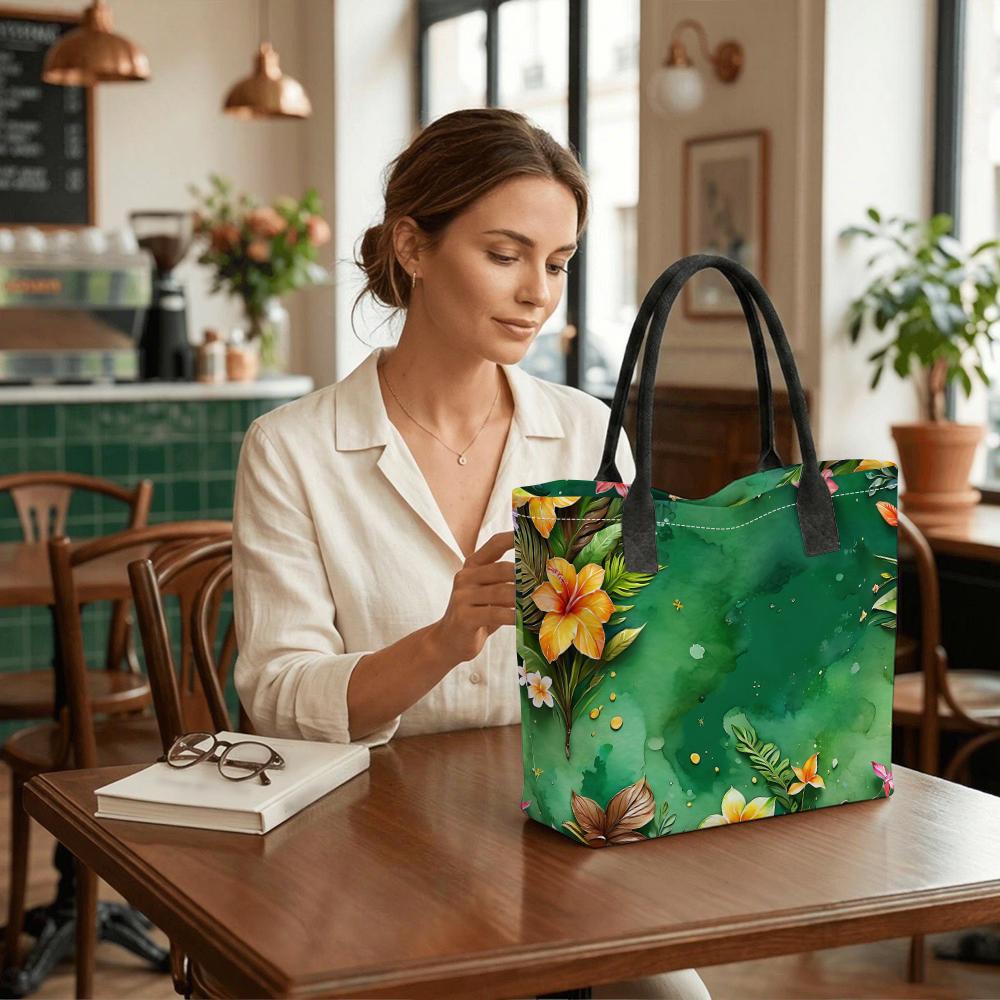 Tropical Floral Printed Canvas Tote Bag Casual Daily Handbag for Outdoor Shopping Travel Use