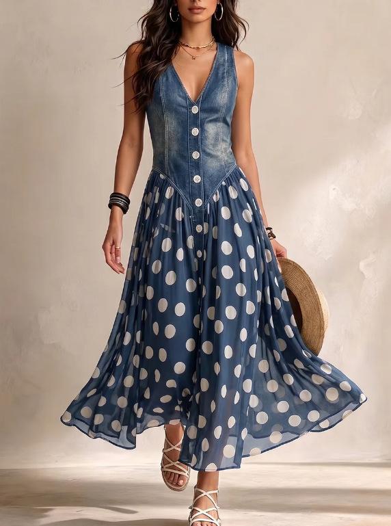 2026 Independent Station European and American fashion casual printing imitation denim top polka dot skirt