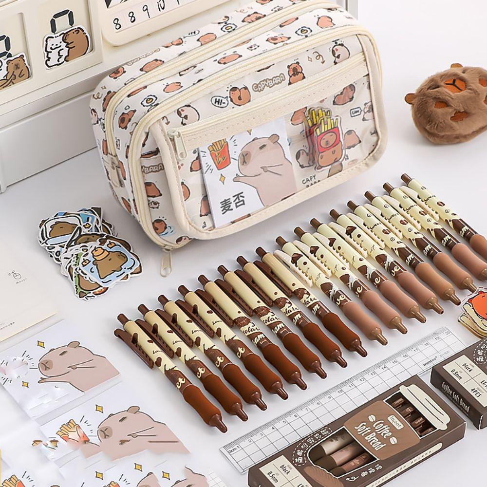 Geantă de papetărie Capybara cu mai multe straturi Huse transparente pentru creion Geantă pentru creion Capibara de pânză de capacitate mare Husă pentru stilou din desene animate pentru student