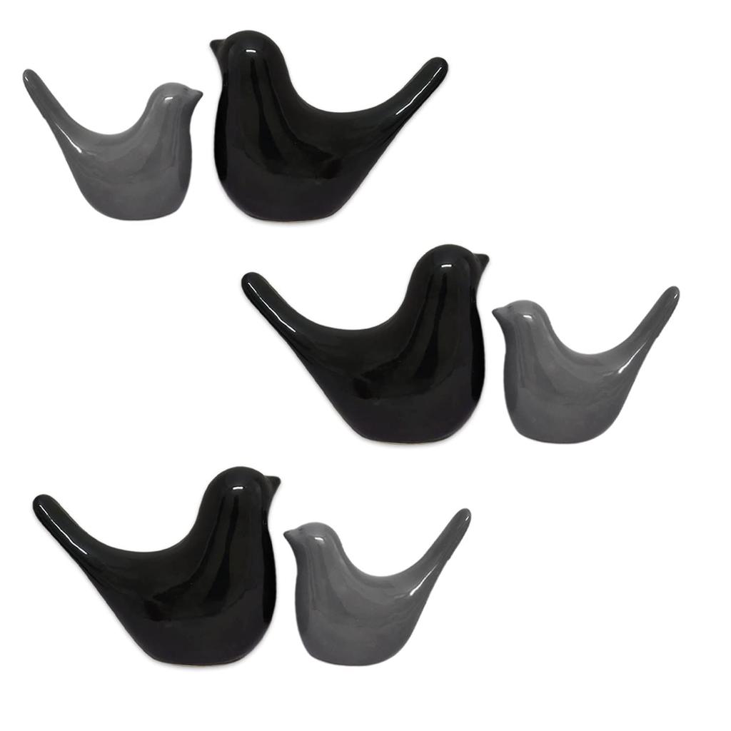 Creative Grey and Black Glossy Ceramic Birds Figurines Home Decorations Accessories Party (Pack of 6, Black & Grey)