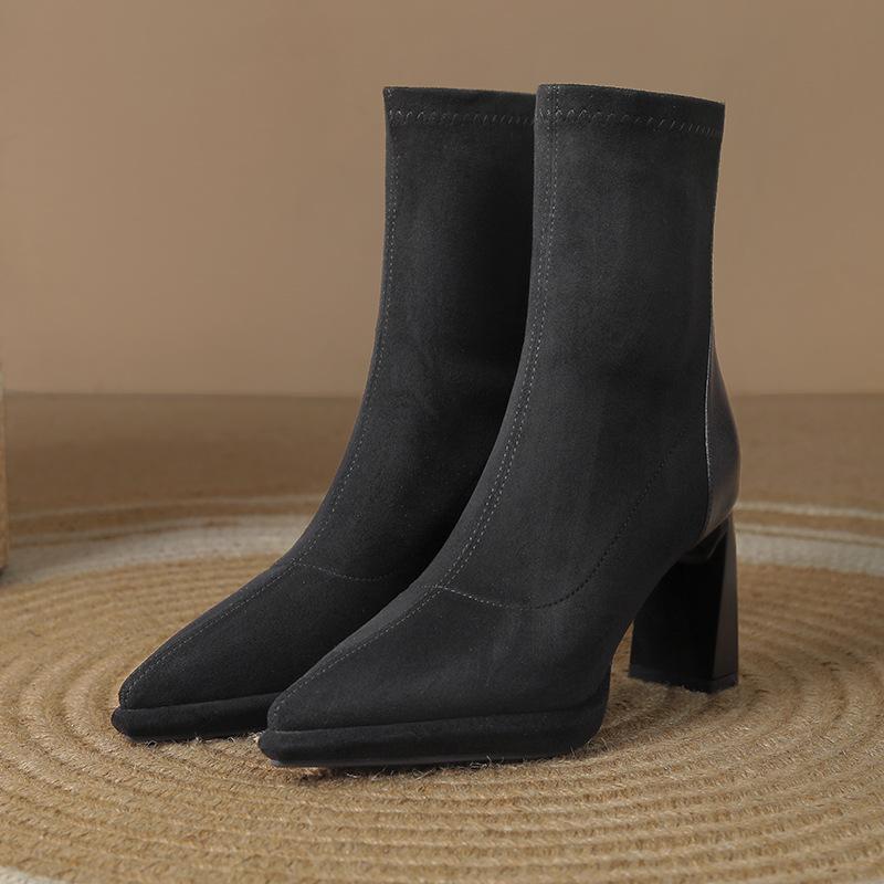 Black suede leather splicing short boots women's high heel British versatile elastic boots temperament thin boots autumn and winter new