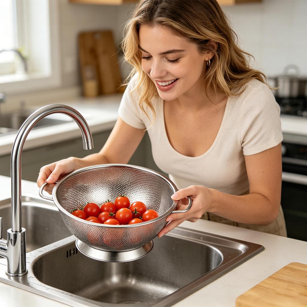 Stainless Steel Kitchen Colander with Side Handles and Raised Base for Washing Vegetables Fruits Pasta Rice Durable Mesh Basket