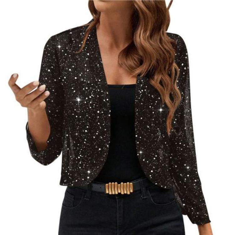 

Sexy Golden Bling Sleeve Open Front Cardigan Coat Women Sparkly Sequin Tops Casual Coat 45720 S чёрный