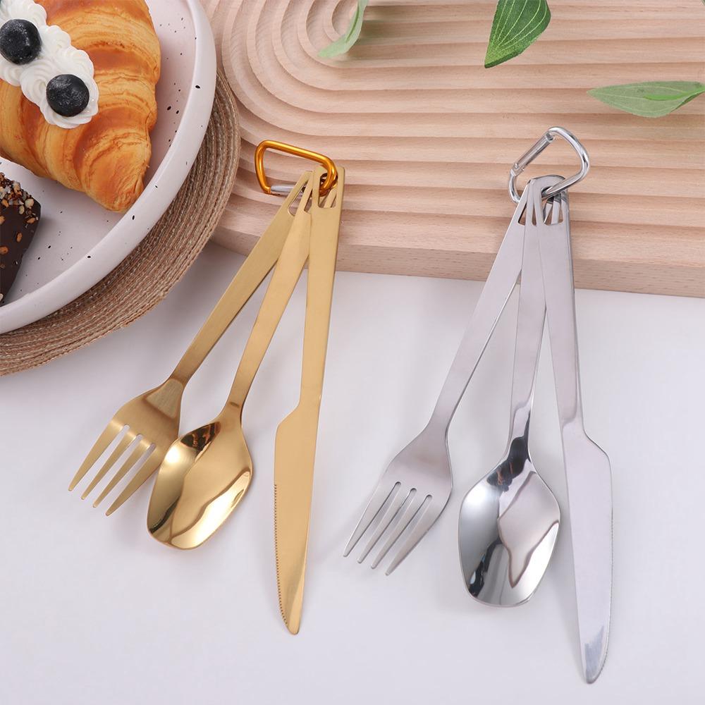 3pcs/set with Carabiner Camping Cutlery Set Stainless Steel Tableware Set  Hiking