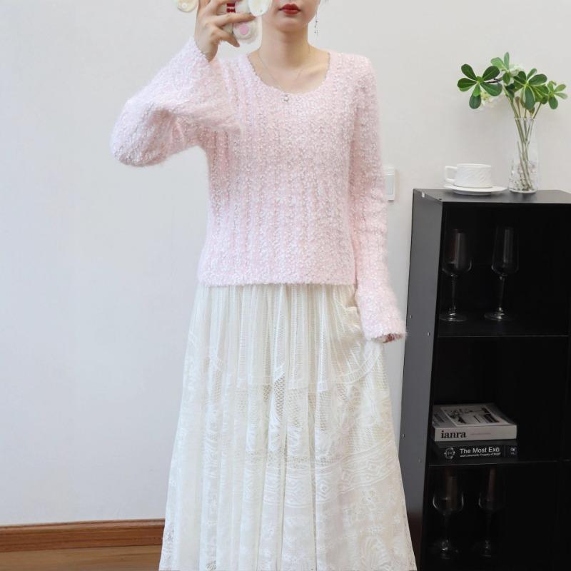 Autumn and winter new plush soft waxy short knitted sweater top sweet gentle wind long sleeve sweater pullover woman