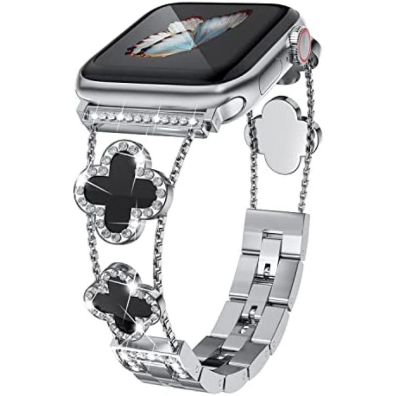 

Роскошный тонкий блестящий ремешок для Apple Watch с металлическими бриллиантами Ultra 2, 49 мм, 40 мм, 42 мм, 44 мм, 45 мм, 41 мм, браслет Iwatch Se Series 8/7/6/5/4/3 для женщин, блестящий 42mm 44mm 45mm 49mm серебряный/чёрный