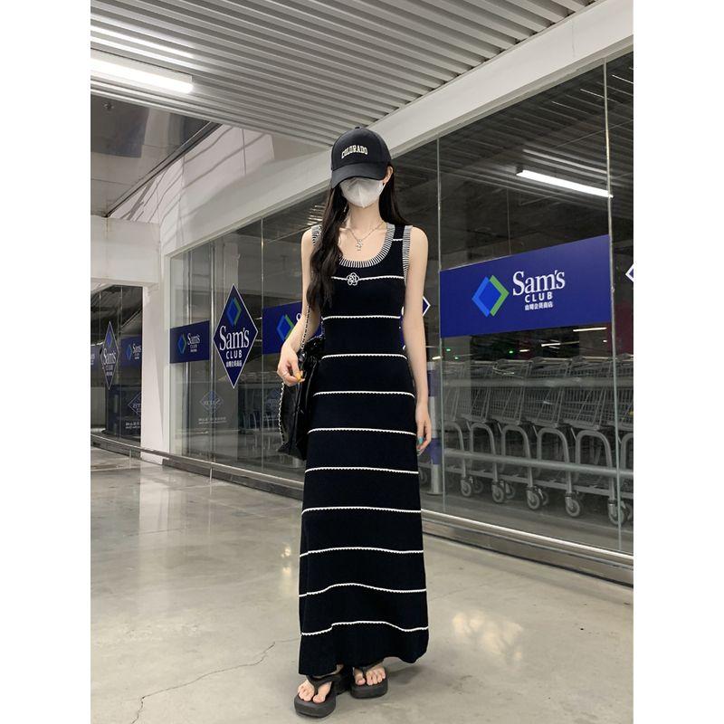 Kumikumi Advanced Sense Retro Contrast Color Crochet Stripe Sling One Piece Dress Women Clothing Summer Waist Hugging Slimming Long Dress