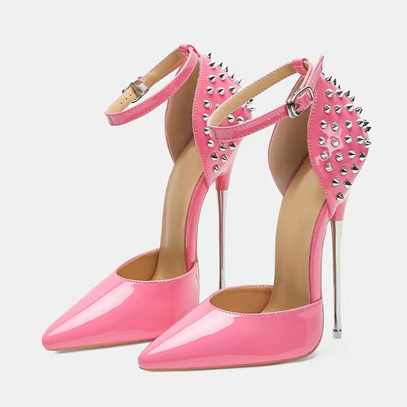 Mode Liyke Sexy Nieten Riemen Damen Pumps Schwarz Lackleder Spitze Zehen Fetisch Super Hohe Absätze Party Stripper Schuhe Größe 46