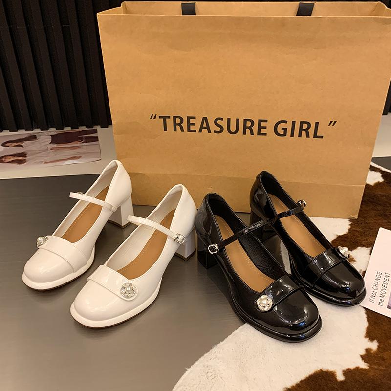 Spring and Autumn New Mary Jane 2024 Coarse Heel High Heel Shoes Temperament Pearl Retro Round Head Shoes Children's Versatile Single Shoes