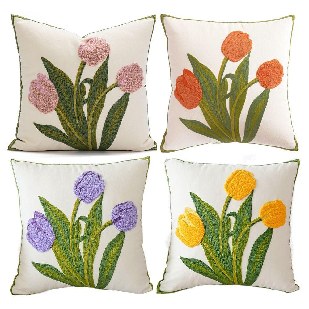 Embroidered Flower Tulip Pattern Pillowcase Square Cushion Cover Spring Throw Pillowcover Sofa/Bed