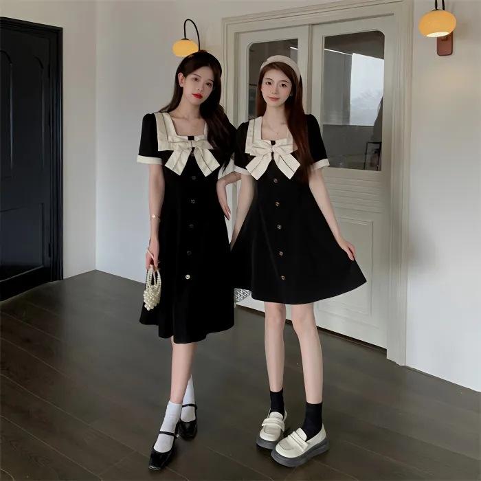 Retro Hepburn Style Square Neck Bow Dress Women's Summer New Temperament High-end Skirt