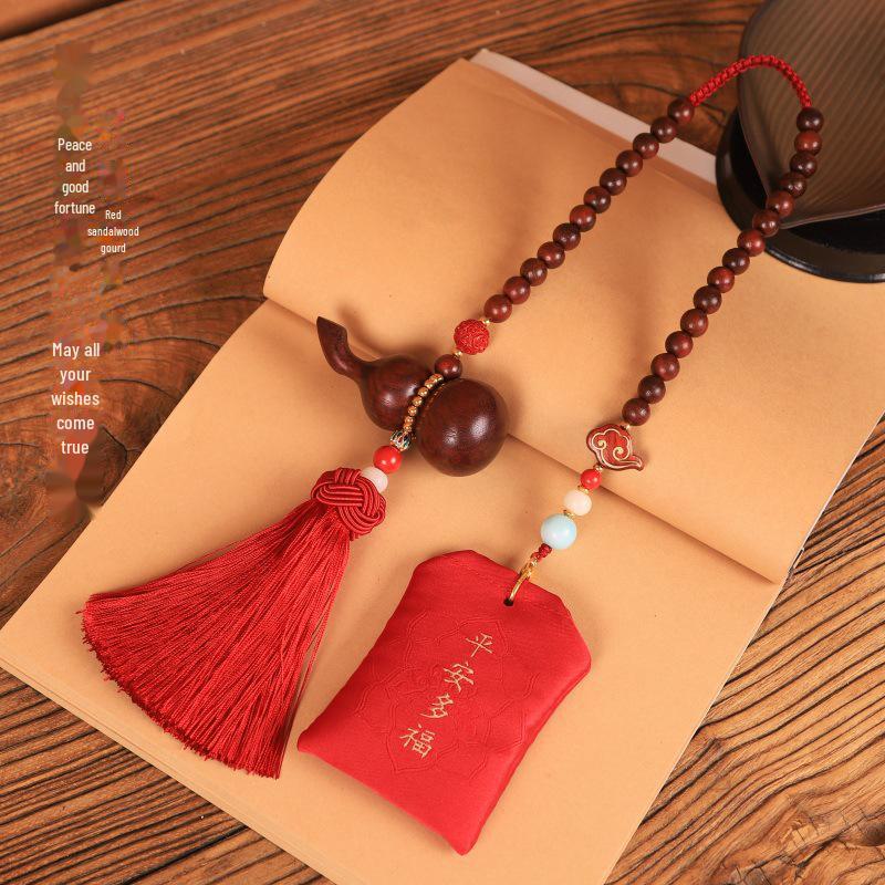 "Chinese Sandalwood Fortune Gourd Car Pendant for Safe Travel - High-End Car Accessory for Men and Women"
