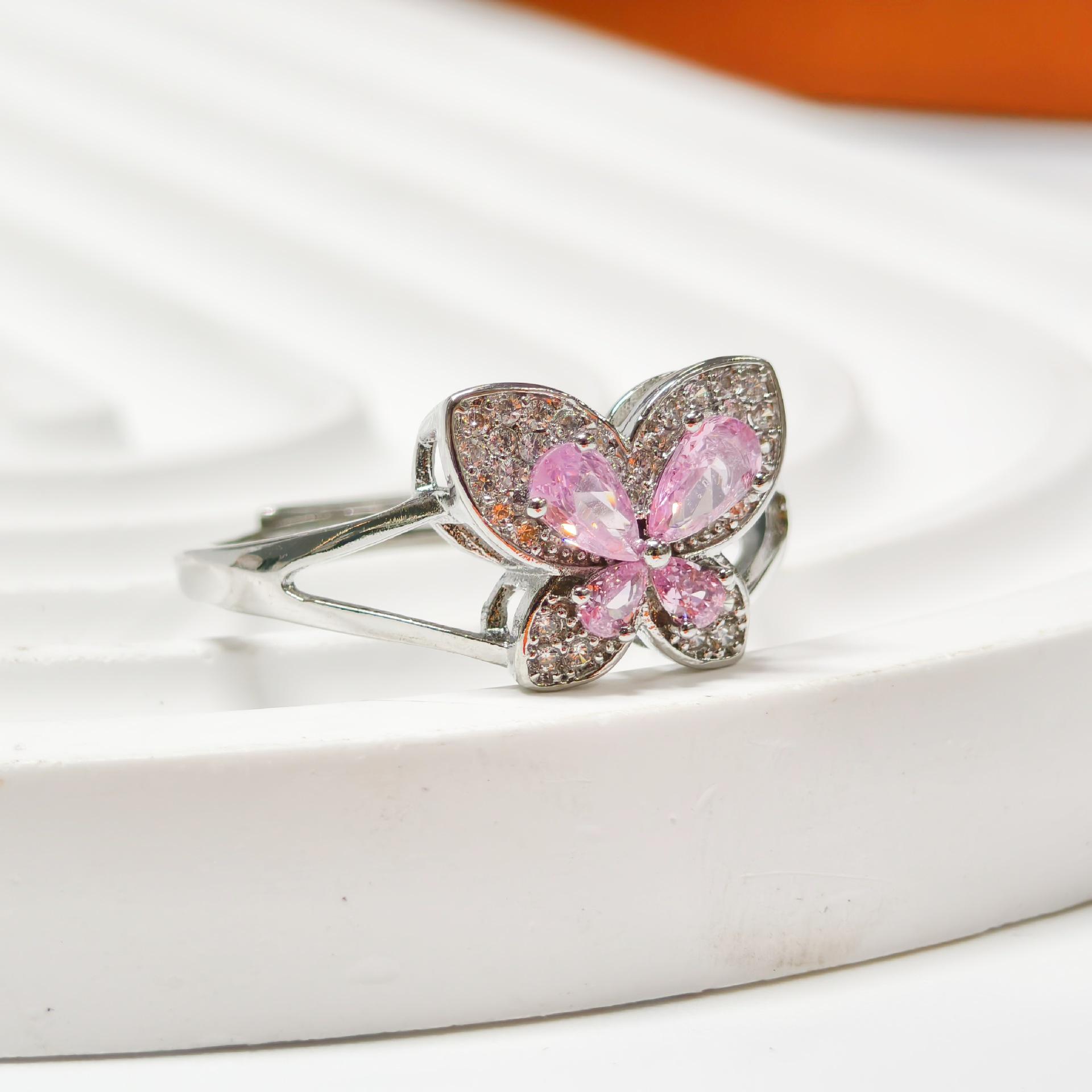 Gesi En Jewelry Korean Style Cherry Blossom Pink Butterfly Ring Set - Sweet and Individualistic Three-Piece Girly Accessory.