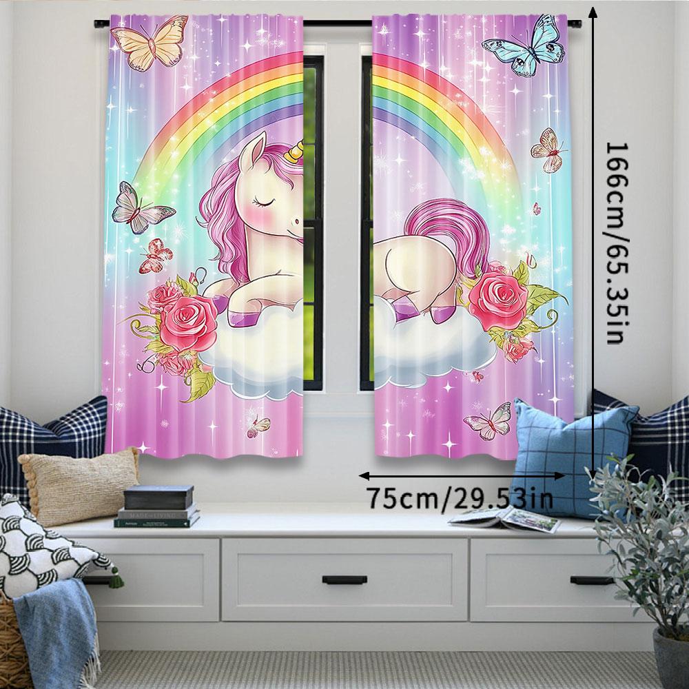Set Of 2 Unicorn Curtain Rainbow Butterfly Suitable Living Room Bedroom Kitchen Bathroom For Great Made Polyester