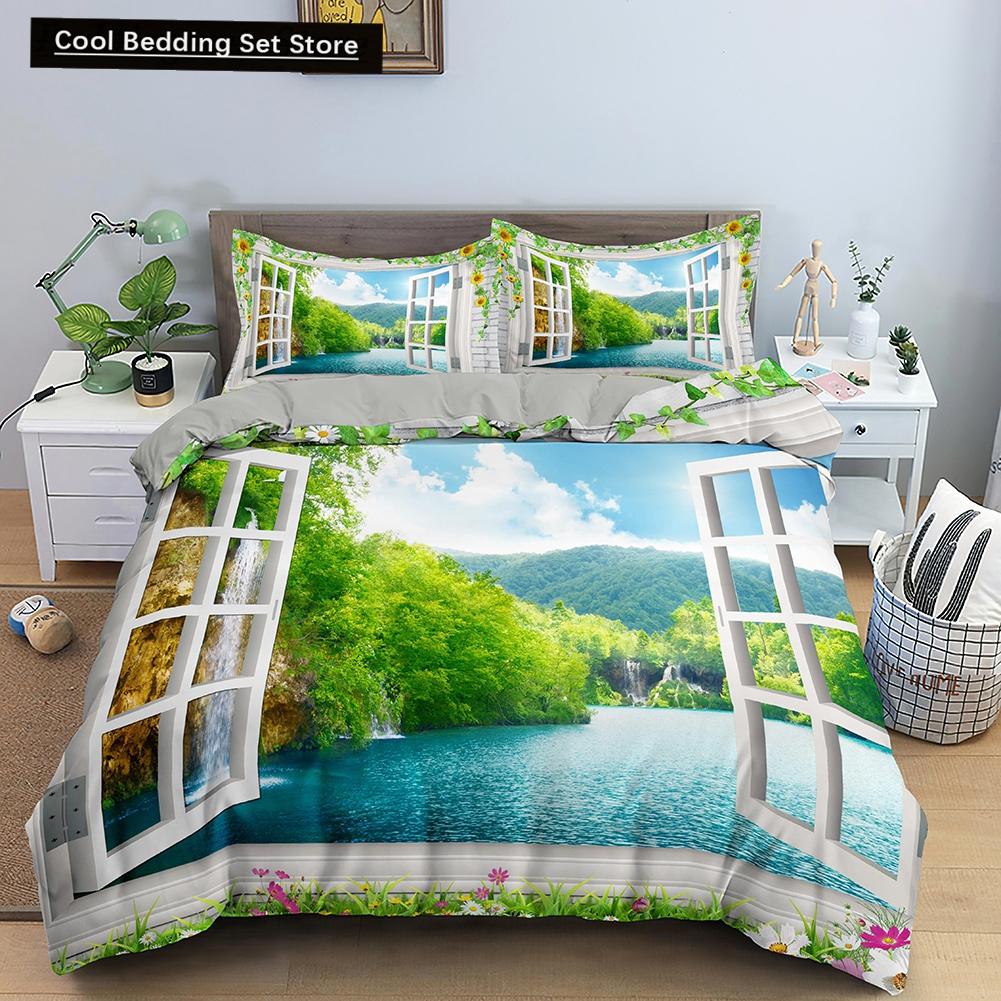 3D Pejzaż Natury Król Królowa Poszewka na Kołdrę Kwiaty Zielone Liście Pościel Zestaw Widok Shimen Poszewka na Kołdrę Poliester Pokrowiec na Kołdrę