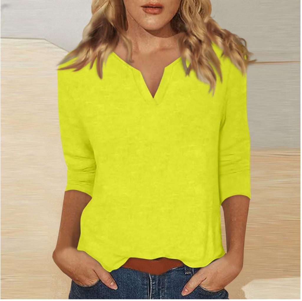 2025 Women's V-Neck 7-Point Sleeve Solid Color T-Shirt